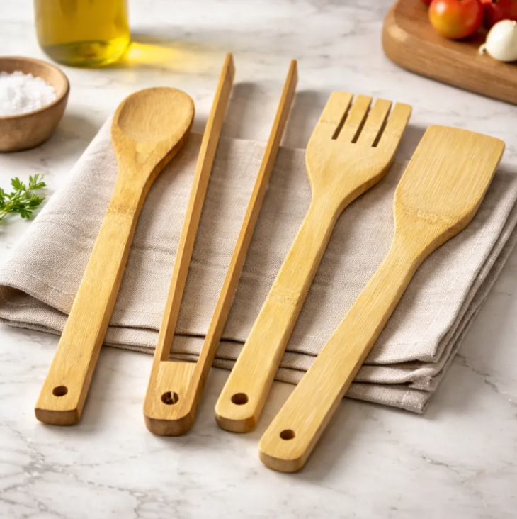 Set 4 Utensilios De Cocina En Bambú.