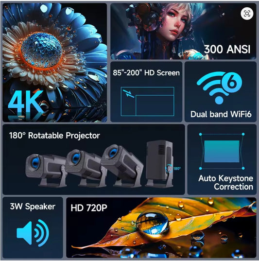 HY320 Mini Proyector Portátil 720P Android 11 4K WiFi6 BT5.0 Giratorio 180°