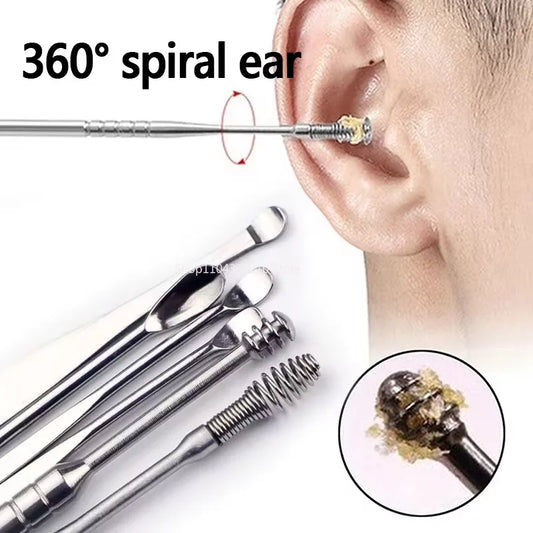 6Pcs Stainless Steel Ear Wax Removal Tool Set Spiral Rotating Earpicking Spoon Ear Picker Spoon for Cleaning Collecting Ear Wax